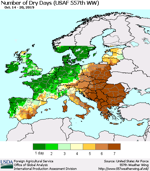 Europe Number of Dry Days (USAF 557th WW) Thematic Map For 10/14/2019 - 10/20/2019
