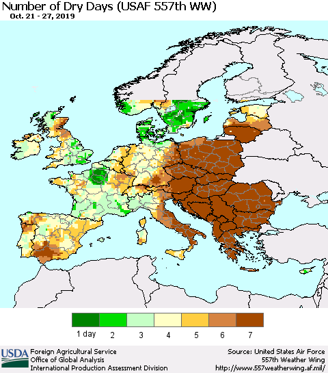 Europe Number of Dry Days (USAF 557th WW) Thematic Map For 10/21/2019 - 10/27/2019