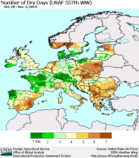 Europe Number of Dry Days (USAF 557th WW) Thematic Map For 10/28/2019 - 11/3/2019