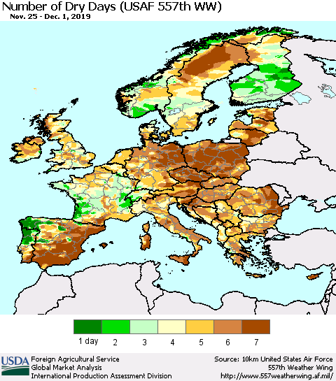 Europe Number of Dry Days (USAF 557th WW) Thematic Map For 11/25/2019 - 12/1/2019