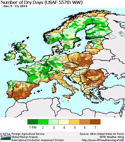 Europe Number of Dry Days (USAF 557th WW) Thematic Map For 12/9/2019 - 12/15/2019