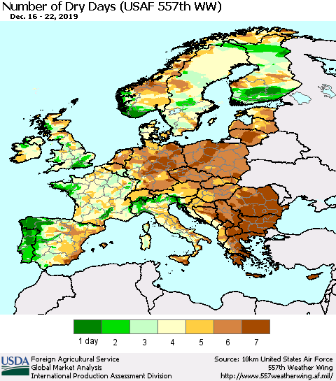 Europe Number of Dry Days (USAF 557th WW) Thematic Map For 12/16/2019 - 12/22/2019