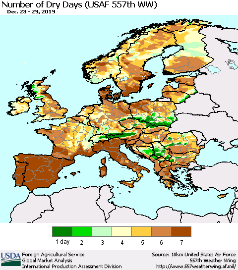 Europe Number of Dry Days (USAF 557th WW) Thematic Map For 12/23/2019 - 12/29/2019