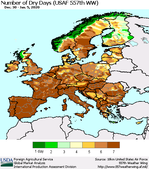 Europe Number of Dry Days (USAF 557th WW) Thematic Map For 12/30/2019 - 1/5/2020