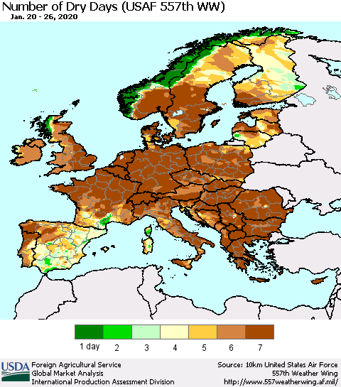 Europe Number of Dry Days (USAF 557th WW) Thematic Map For 1/20/2020 - 1/26/2020
