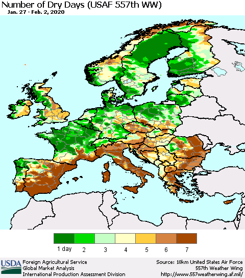 Europe Number of Dry Days (USAF 557th WW) Thematic Map For 1/27/2020 - 2/2/2020