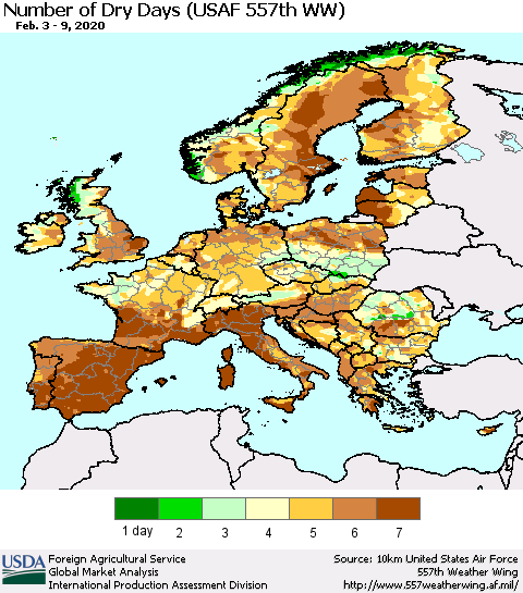 Europe Number of Dry Days (USAF 557th WW) Thematic Map For 2/3/2020 - 2/9/2020