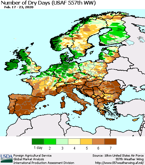Europe Number of Dry Days (USAF 557th WW) Thematic Map For 2/17/2020 - 2/23/2020