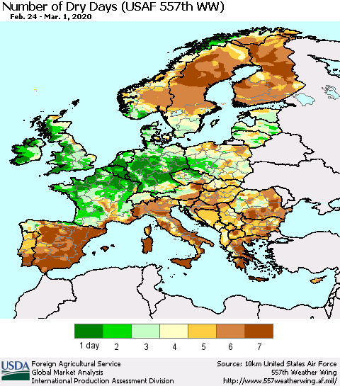 Europe Number of Dry Days (USAF 557th WW) Thematic Map For 2/24/2020 - 3/1/2020
