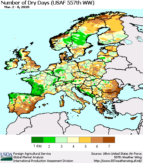 Europe Number of Dry Days (USAF 557th WW) Thematic Map For 3/2/2020 - 3/8/2020