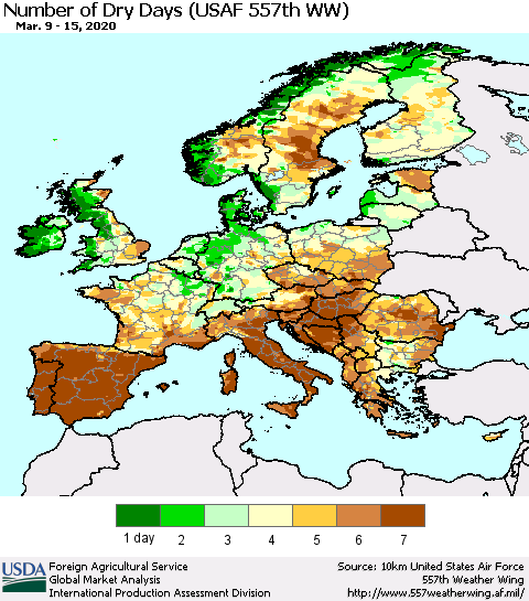 Europe Number of Dry Days (USAF 557th WW) Thematic Map For 3/9/2020 - 3/15/2020
