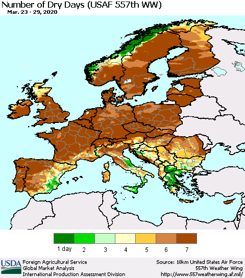 Europe Number of Dry Days (USAF 557th WW) Thematic Map For 3/23/2020 - 3/29/2020