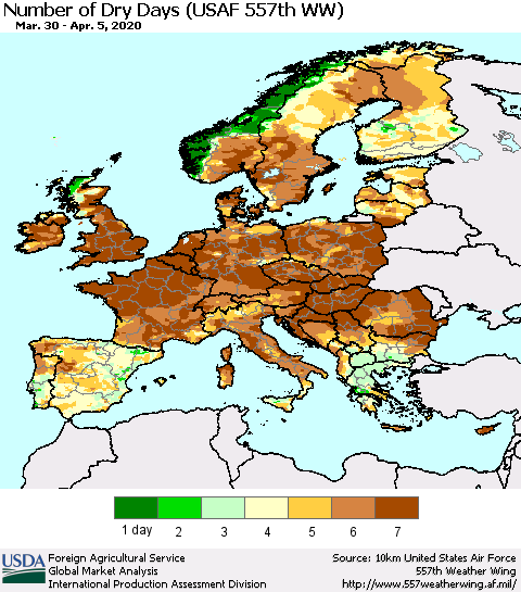 Europe Number of Dry Days (USAF 557th WW) Thematic Map For 3/30/2020 - 4/5/2020