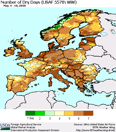 Europe Number of Dry Days (USAF 557th WW) Thematic Map For 5/4/2020 - 5/10/2020