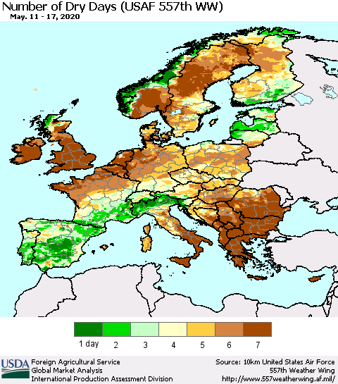 Europe Number of Dry Days (USAF 557th WW) Thematic Map For 5/11/2020 - 5/17/2020