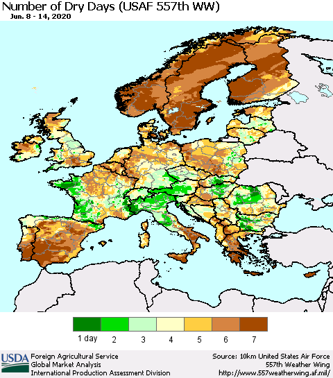 Europe Number of Dry Days (USAF 557th WW) Thematic Map For 6/8/2020 - 6/14/2020