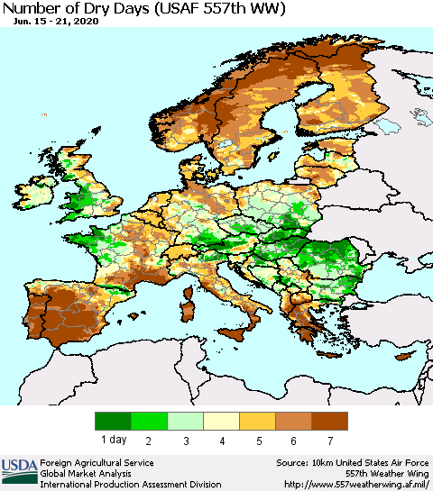 Europe Number of Dry Days (USAF 557th WW) Thematic Map For 6/15/2020 - 6/21/2020
