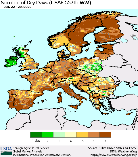 Europe Number of Dry Days (USAF 557th WW) Thematic Map For 6/22/2020 - 6/28/2020