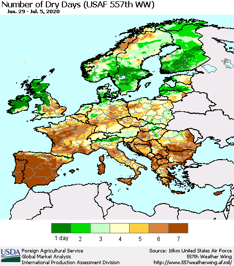 Europe Number of Dry Days (USAF 557th WW) Thematic Map For 6/29/2020 - 7/5/2020