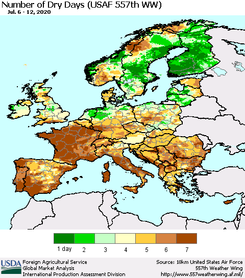 Europe Number of Dry Days (USAF 557th WW) Thematic Map For 7/6/2020 - 7/12/2020