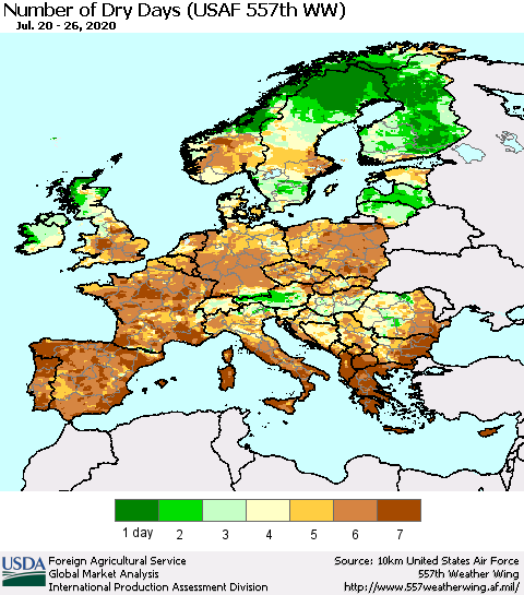 Europe Number of Dry Days (USAF 557th WW) Thematic Map For 7/20/2020 - 7/26/2020