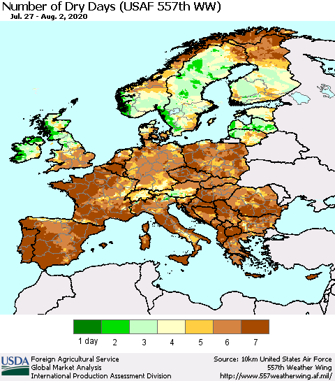 Europe Number of Dry Days (USAF 557th WW) Thematic Map For 7/27/2020 - 8/2/2020