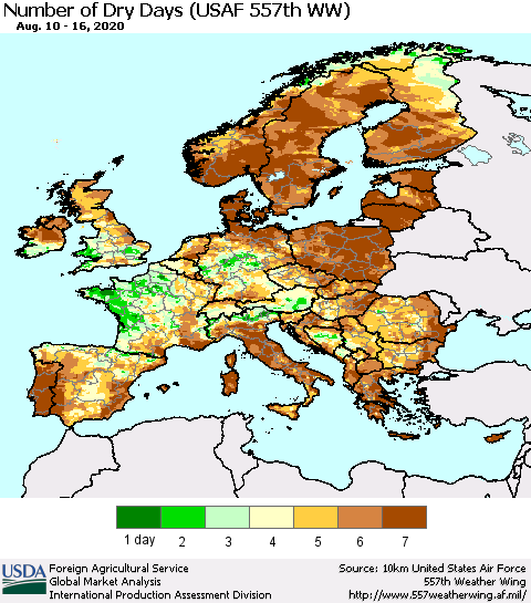 Europe Number of Dry Days (USAF 557th WW) Thematic Map For 8/10/2020 - 8/16/2020