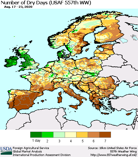 Europe Number of Dry Days (USAF 557th WW) Thematic Map For 8/17/2020 - 8/23/2020