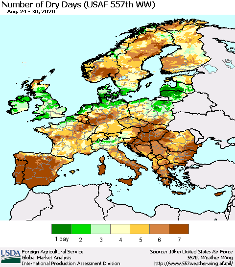 Europe Number of Dry Days (USAF 557th WW) Thematic Map For 8/24/2020 - 8/30/2020