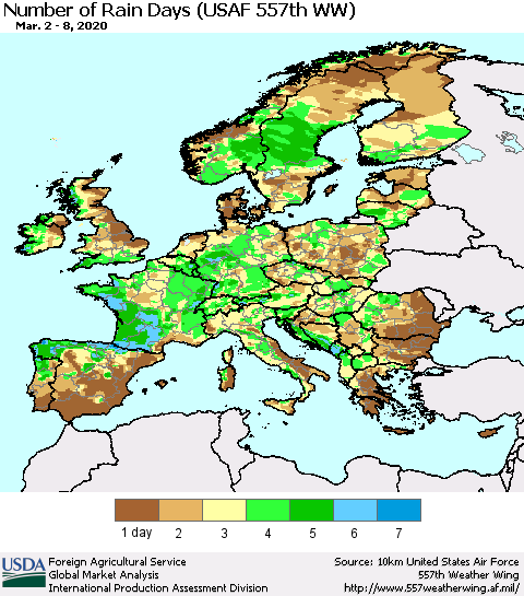 Europe Number of Rain Days (USAF 557th WW) Thematic Map For 3/2/2020 - 3/8/2020