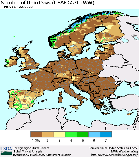 Europe Number of Rain Days (USAF 557th WW) Thematic Map For 3/16/2020 - 3/22/2020