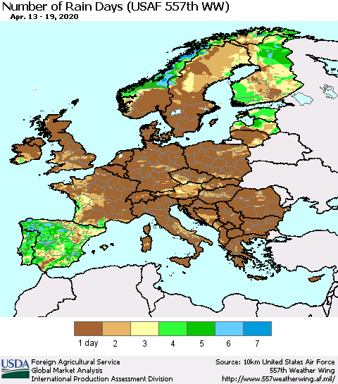 Europe Number of Rain Days (USAF 557th WW) Thematic Map For 4/13/2020 - 4/19/2020