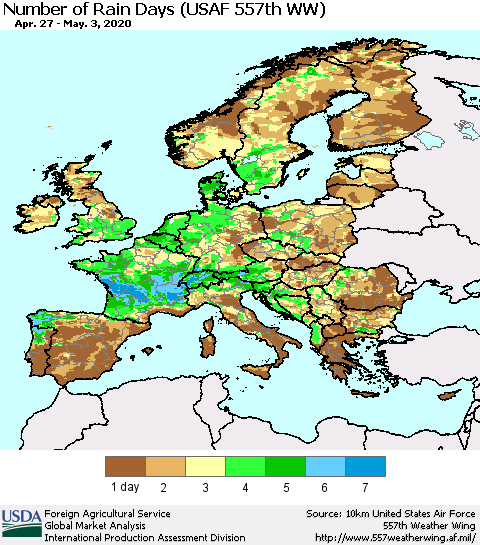 Europe Number of Rain Days (USAF 557th WW) Thematic Map For 4/27/2020 - 5/3/2020