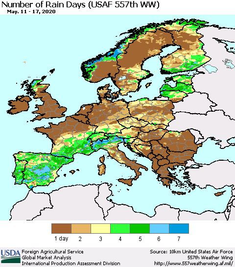 Europe Number of Rain Days (USAF 557th WW) Thematic Map For 5/11/2020 - 5/17/2020
