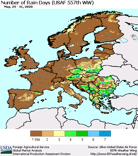 Europe Number of Rain Days (USAF 557th WW) Thematic Map For 5/25/2020 - 5/31/2020