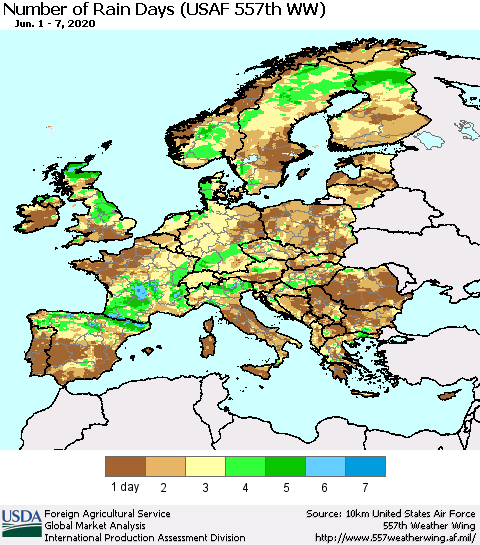 Europe Number of Rain Days (USAF 557th WW) Thematic Map For 6/1/2020 - 6/7/2020