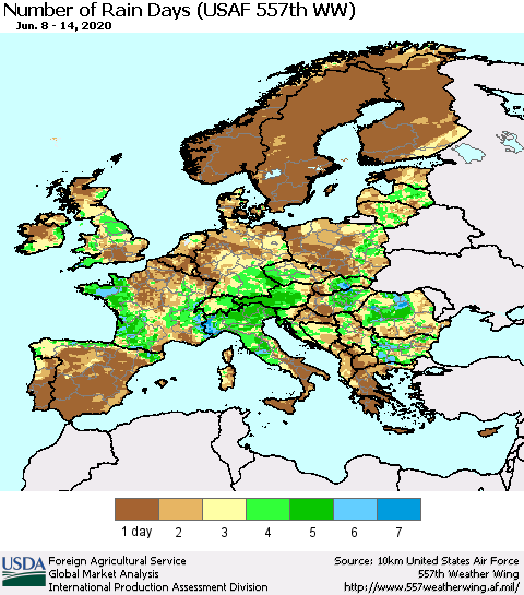 Europe Number of Rain Days (USAF 557th WW) Thematic Map For 6/8/2020 - 6/14/2020