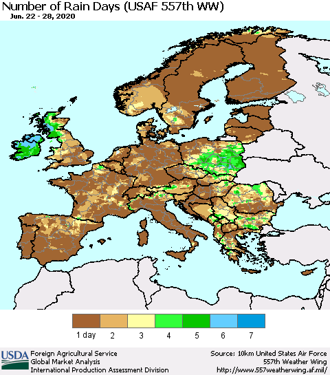 Europe Number of Rain Days (USAF 557th WW) Thematic Map For 6/22/2020 - 6/28/2020
