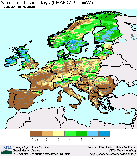 Europe Number of Rain Days (USAF 557th WW) Thematic Map For 6/29/2020 - 7/5/2020