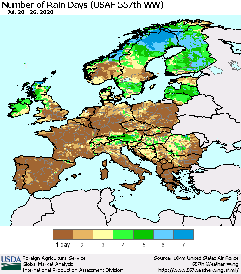 Europe Number of Rain Days (USAF 557th WW) Thematic Map For 7/20/2020 - 7/26/2020