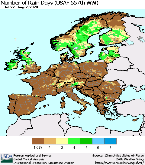 Europe Number of Rain Days (USAF 557th WW) Thematic Map For 7/27/2020 - 8/2/2020