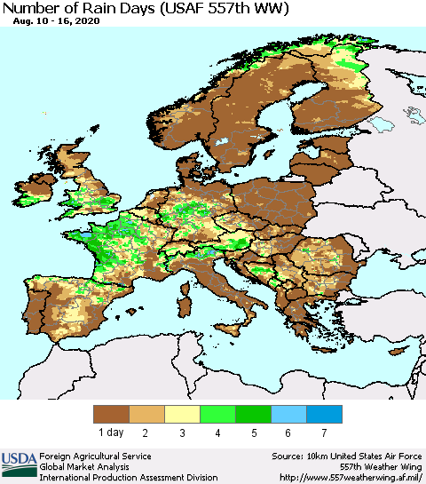 Europe Number of Rain Days (USAF 557th WW) Thematic Map For 8/10/2020 - 8/16/2020