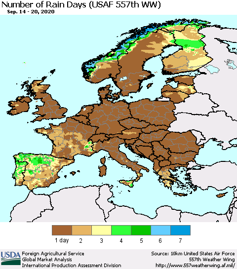 Europe Number of Rain Days (USAF 557th WW) Thematic Map For 9/14/2020 - 9/20/2020