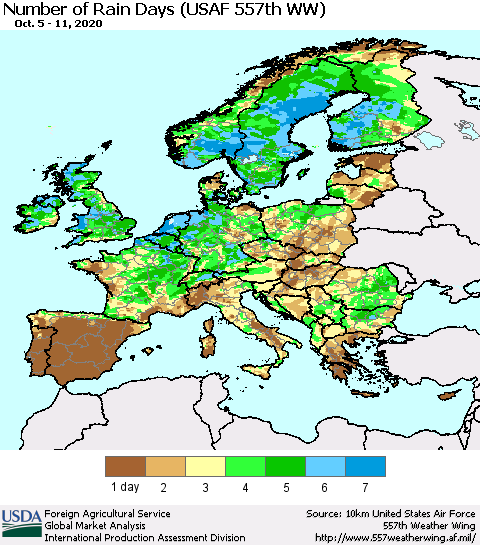 Europe Number of Rain Days (USAF 557th WW) Thematic Map For 10/5/2020 - 10/11/2020