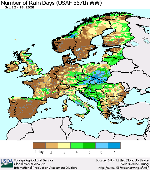 Europe Number of Rain Days (USAF 557th WW) Thematic Map For 10/12/2020 - 10/18/2020
