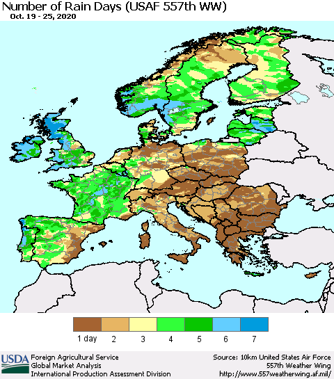Europe Number of Rain Days (USAF 557th WW) Thematic Map For 10/19/2020 - 10/25/2020