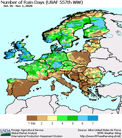 Europe Number of Rain Days (USAF 557th WW) Thematic Map For 10/26/2020 - 11/1/2020