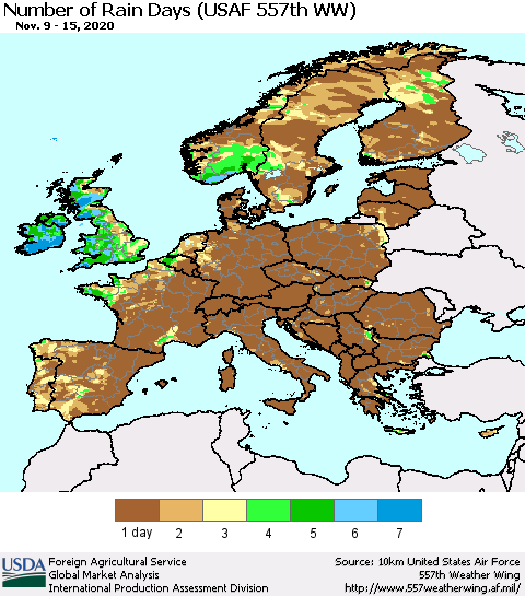 Europe Number of Rain Days (USAF 557th WW) Thematic Map For 11/9/2020 - 11/15/2020