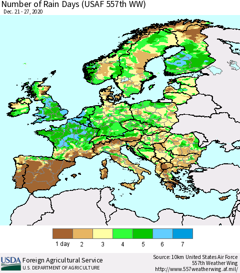 Europe Number of Rain Days (USAF 557th WW) Thematic Map For 12/21/2020 - 12/27/2020