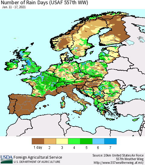 Europe Number of Rain Days (USAF 557th WW) Thematic Map For 1/11/2021 - 1/17/2021